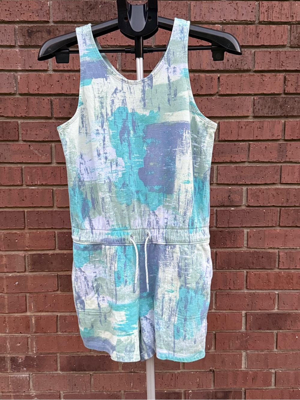 Athleta Girl Havin A Great Time Romper XXL 16 Teal Blue Watercolor Jumpsuit EUC